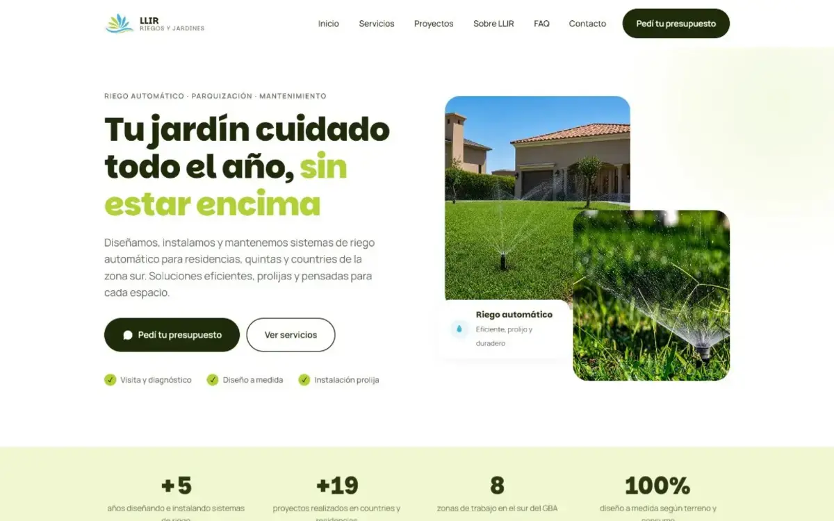 Hero de la landing page de Llir Riegos diseñada por Mila Digital Pulse